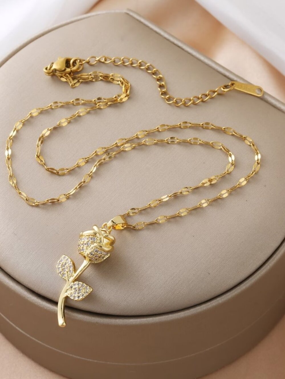 Gold Rose Pendant Necklace with Sparkling CZ Crystals